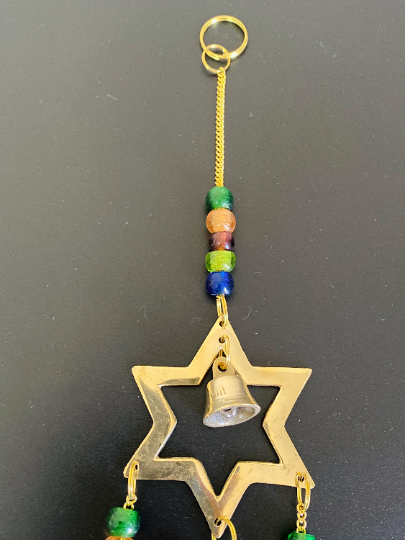 Brass Wind Chime with Bells Star, Metal Star Hanging,Chimes with Beads,Altar Decorations,Handmade Wind Chime,Home Decor,Celestial Star Decor