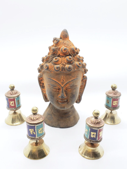 Handmade 2 inches Tall Prayer Wheel with Dharma Wheel Mantra Roll Inside, Buddhist Spinning Prayer Wheels, Buddhist Altar Decor