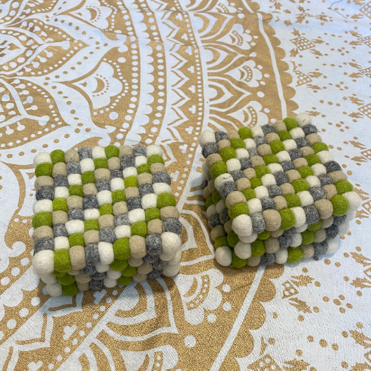 Handmade Felt Ball Wool Coasters from Nepal, Circle Felt Coasters, Square Felt Coasters, Felt Accessories, Set of Four Felt Wool Coasters