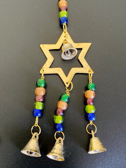 Brass Wind Chime with Bells Star, Metal Star Hanging,Chimes with Beads,Altar Decorations,Handmade Wind Chime,Home Decor,Celestial Star Decor