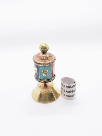 Handmade 2 inches Tall Prayer Wheel with Dharma Wheel Mantra Roll Inside, Buddhist Spinning Prayer Wheels, Buddhist Altar Decor
