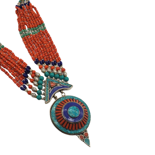 Vintage Turquoise/Coral  Multi Strand  Handmade Tibetan Necklace, Tribal Fusion Neckpiece, Unique Large Jewelry, Bohemian Accessories