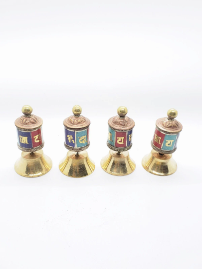 Handmade 2 inches Tall Prayer Wheel with Dharma Wheel Mantra Roll Inside, Buddhist Spinning Prayer Wheels, Buddhist Altar Decor