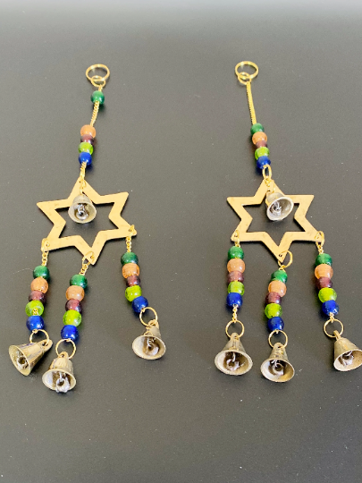 Brass Wind Chime with Bells Star, Metal Star Hanging,Chimes with Beads,Altar Decorations,Handmade Wind Chime,Home Decor,Celestial Star Decor