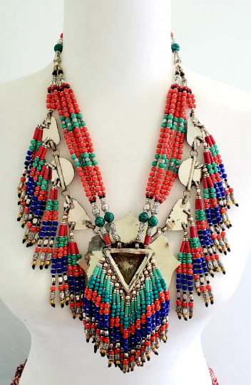 Vintage Multi Strand Chunky Necklace, Tribal Fusion Neckpiece, Gypsy Pendant Jewelry, BohemianJewelry, Coral Turquoise Lapis Lazuli Necklace