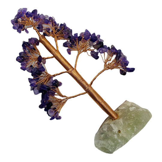 Crystal Prosperity Tree, 8 Inches Feng Shui Bonsai Tree, Copper Wired Rose Quartz, Citrine, Amethyst Money Tree with Fluorite Base