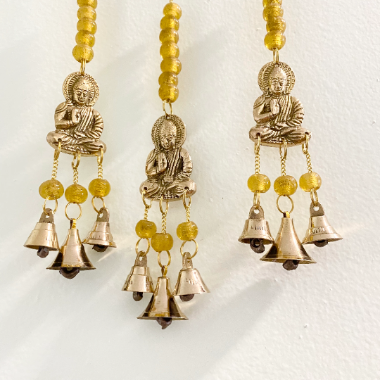 Brass Windchime with Buddha, Metal Blessing Buddha Hanging, Alter Decor, Handcrafted Wall Hanging, Home Decor, Bells and Beads, Sun catcher