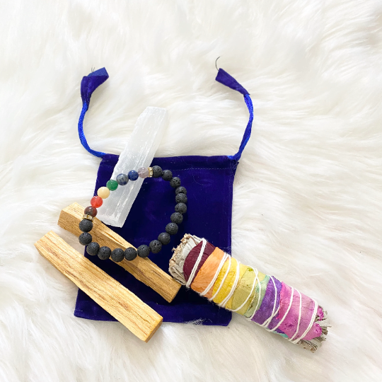 Sage Smudge Kit with 4" Sage, 2 Palo Santo Sticks, Chakra Bracelet , Selenite Sticks, Lava Stone, Smudge Bundle