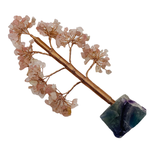 Crystal Prosperity Tree, 8 Inches Feng Shui Bonsai Tree, Copper Wired Rose Quartz, Citrine, Amethyst Money Tree with Fluorite Base