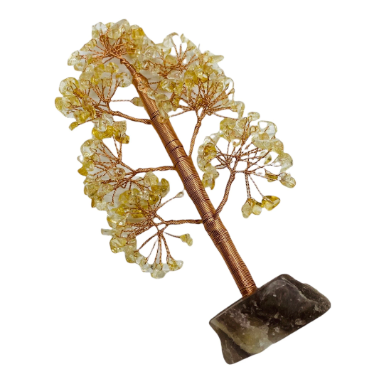 Crystal Prosperity Tree, 8 Inches Feng Shui Bonsai Tree, Copper Wired Rose Quartz, Citrine, Amethyst Money Tree with Fluorite Base