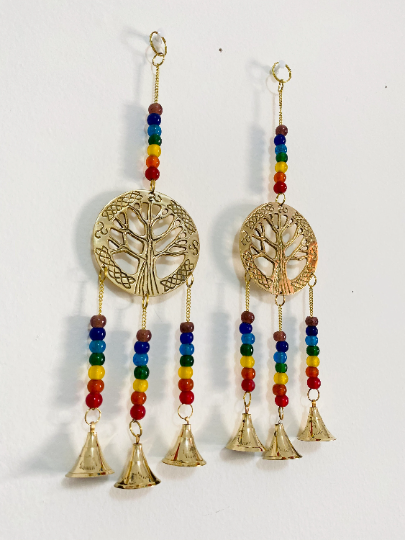 Chakra Windchime,Seven Chakra Wall Hanging,Metal Brass Tree of Life Windchime, Chakra Suncatcher with Beads,Gold Chakra Alignment Hanging
