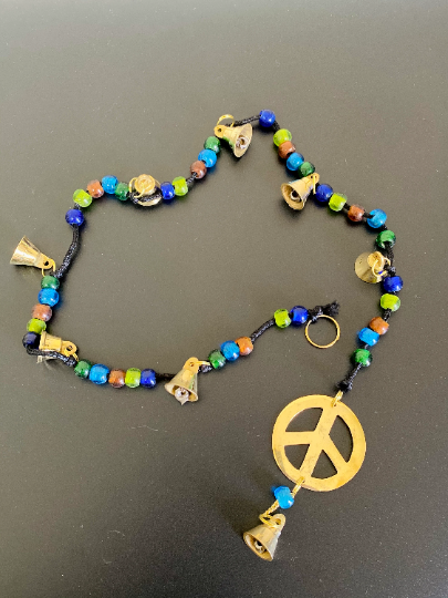 Brass Peace Wall Hanging,Peace Windchimes,Home Decor, Peace Hanging with Bells,Organic String Hanging,Indian Decor,Hanging with Beads