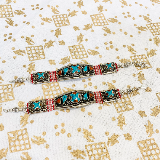Turquoise and Coral Handmade Tibetan Tribal Fusion Bracelet, Turquoise Jewelry, Boho Bracelet, Vintage Gypsy Statement ethnic Bracelet