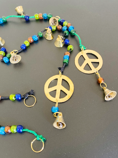 Brass Peace Wall Hanging,Peace Windchimes,Home Decor, Peace Hanging with Bells,Organic String Hanging,Indian Decor,Hanging with Beads
