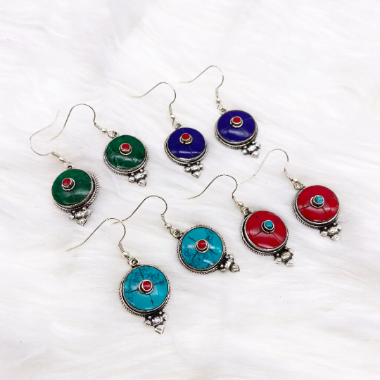 Round Gemstone Earrings, Dangle Earrings, Women Jewelry, Bohemian Style, Ethnic Tribal Style, Vajra, Dorje Earring, Gift For Her