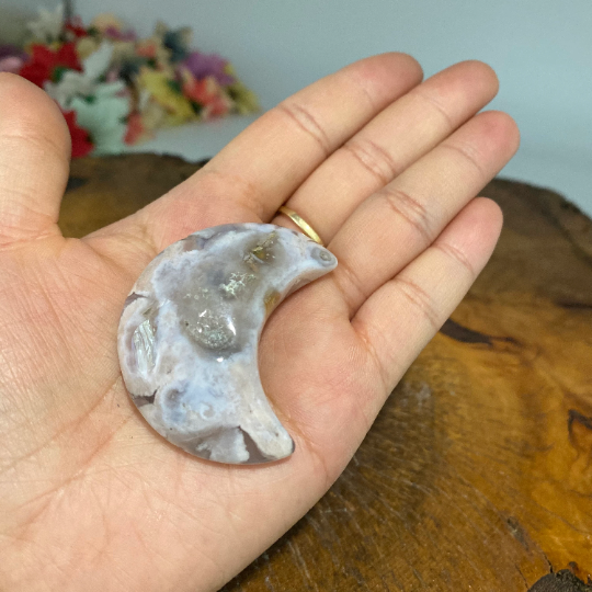 Flower Agate Moons, Cherry Blossom Agate Crescent Moon, Crystal Moon, Pocket Stone, Sacred Stones, Healing Crystals, Handcarved Crystals