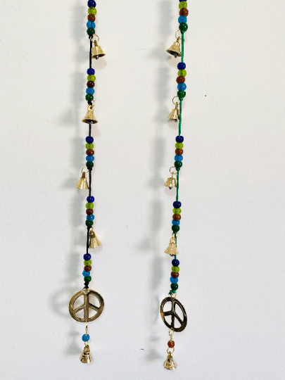 Brass Peace Wall Hanging,Peace Windchimes,Home Decor, Peace Hanging with Bells,Organic String Hanging,Indian Decor,Hanging with Beads