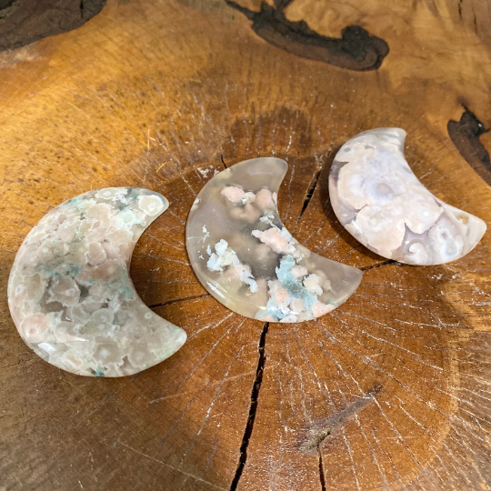 Flower Agate Moons, Cherry Blossom Agate Crescent Moon, Crystal Moon, Pocket Stone, Sacred Stones, Healing Crystals, Handcarved Crystals