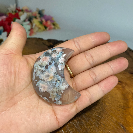 Flower Agate Moons, Cherry Blossom Agate Crescent Moon, Crystal Moon, Pocket Stone, Sacred Stones, Healing Crystals, Handcarved Crystals
