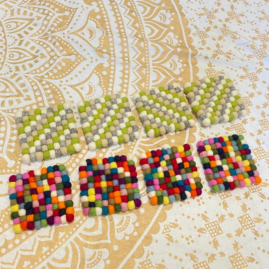 Handmade Felt Ball Wool Coasters from Nepal, Circle Felt Coasters, Square Felt Coasters, Felt Accessories, Set of Four Felt Wool Coasters