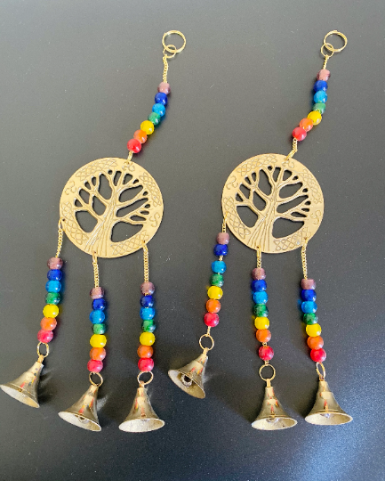Chakra Windchime,Seven Chakra Wall Hanging,Metal Brass Tree of Life Windchime, Chakra Suncatcher with Beads,Gold Chakra Alignment Hanging