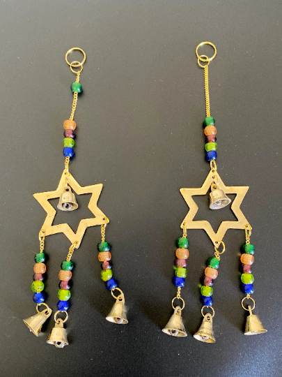 Brass Wind Chime with Bells Star, Metal Star Hanging,Chimes with Beads,Altar Decorations,Handmade Wind Chime,Home Decor,Celestial Star Decor