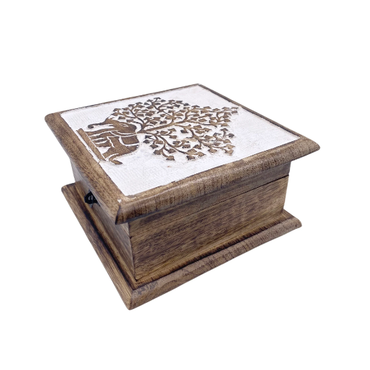 Handcarved Elephant Wooden Box, Storage Box, Elephant Gift Box, Tree of Life Altar Box, Jewelry Box, Good Luck Gifts, Crystal Storage Box