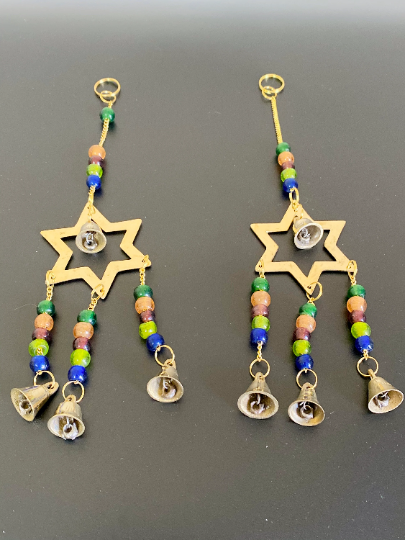 Brass Wind Chime with Bells Star, Metal Star Hanging,Chimes with Beads,Altar Decorations,Handmade Wind Chime,Home Decor,Celestial Star Decor