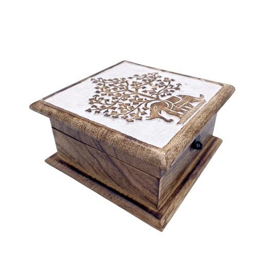 Handcarved Elephant Wooden Box, Storage Box, Elephant Gift Box, Tree of Life Altar Box, Jewelry Box, Good Luck Gifts, Crystal Storage Box