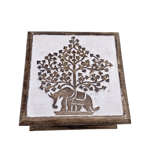 Handcarved Elephant Wooden Box, Storage Box, Elephant Gift Box, Tree of Life Altar Box, Jewelry Box, Good Luck Gifts, Crystal Storage Box