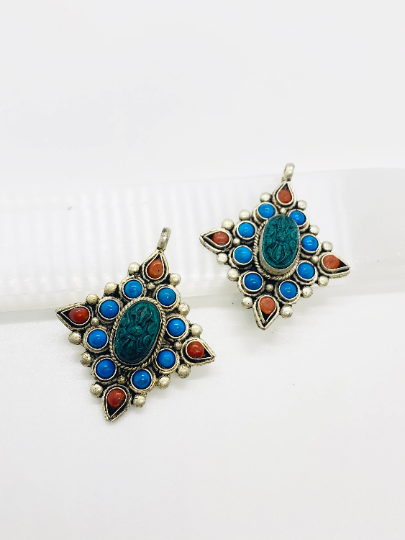 Handmade Dorje/Vajra Pendant Tibetan Silver Dorje Necklace, Turquoise Coral Vajra, Silver Vajra Pendant, Vajra Neckpiece,Buddhist Amulet