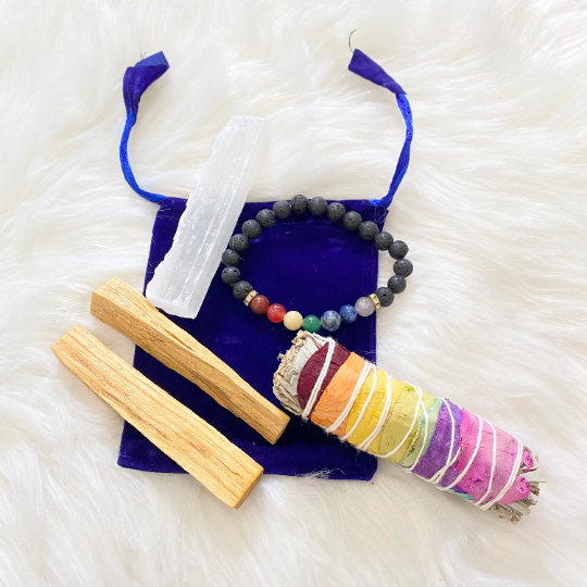 Sage Smudge Kit with 4" Sage, 2 Palo Santo Sticks, Chakra Bracelet , Selenite Sticks, Lava Stone, Smudge Bundle