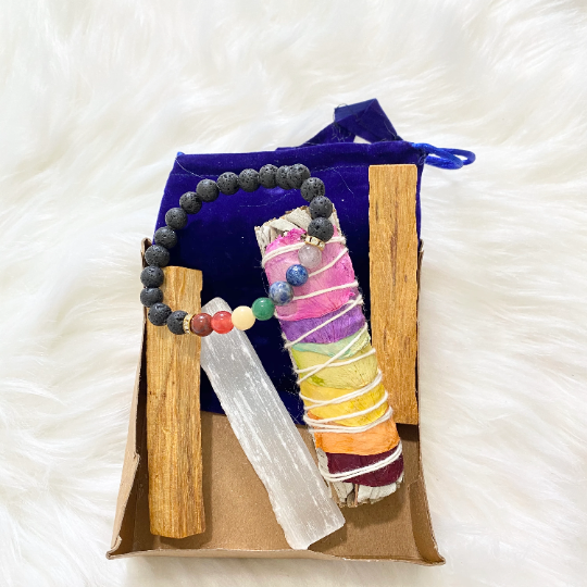 Sage Smudge Kit with 4" Sage, 2 Palo Santo Sticks, Chakra Bracelet , Selenite Sticks, Lava Stone, Smudge Bundle
