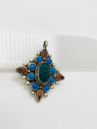 Handmade Dorje/Vajra Pendant Tibetan Silver Dorje Necklace, Turquoise Coral Vajra, Silver Vajra Pendant, Vajra Neckpiece,Buddhist Amulet
