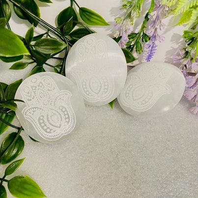 Selenite Big Palm Stone With Hamsa Hand