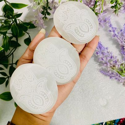 Selenite Big Palm Stone With Hamsa Hand