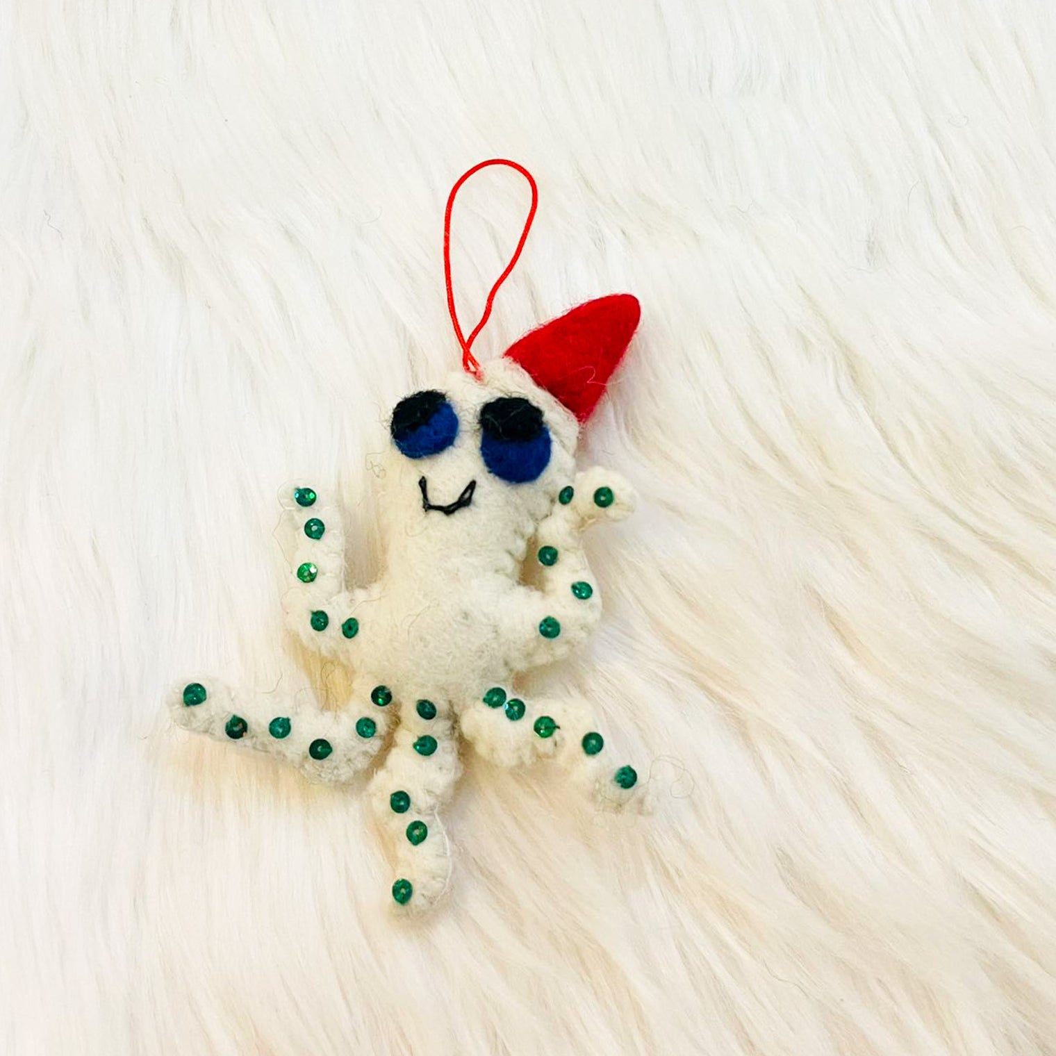 White Felt Octopus Ornament, Unique Christmas Hanging
