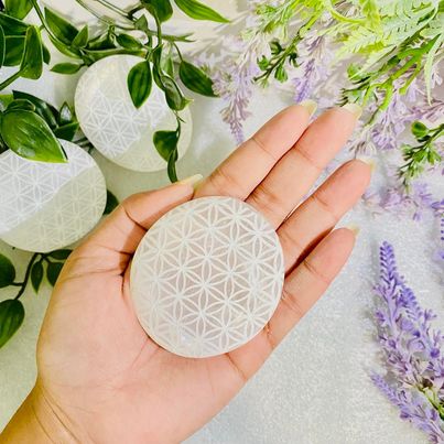 Selenite Palm Stone with Flower of Life