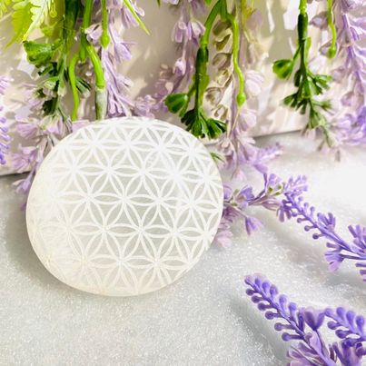 Selenite Palm Stone with Flower of Life
