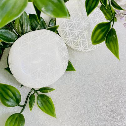 Selenite Palm Stone with Flower of Life