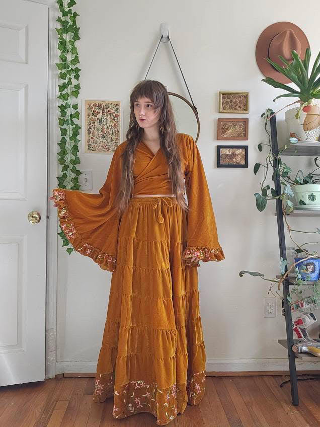 Velvet Whimsy Skirt Set with Hand Embroidery