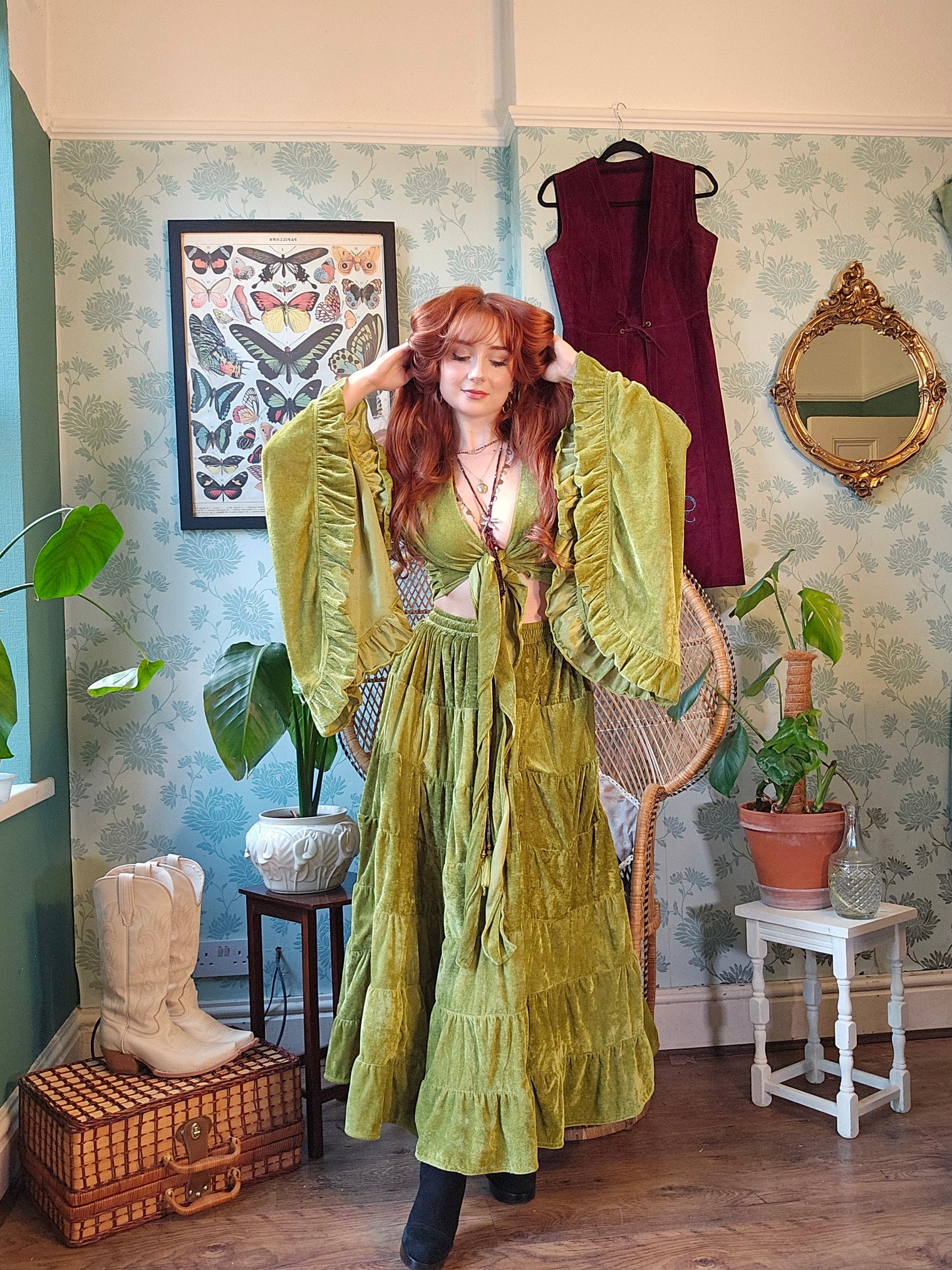 Bohemian Style Flowy Velvet Skirt Set with Ruffle Top