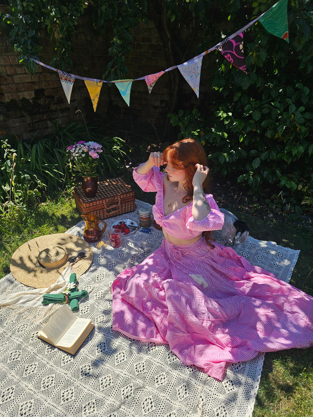 Gingham Flowy Skirt with Puff Sleeve Top