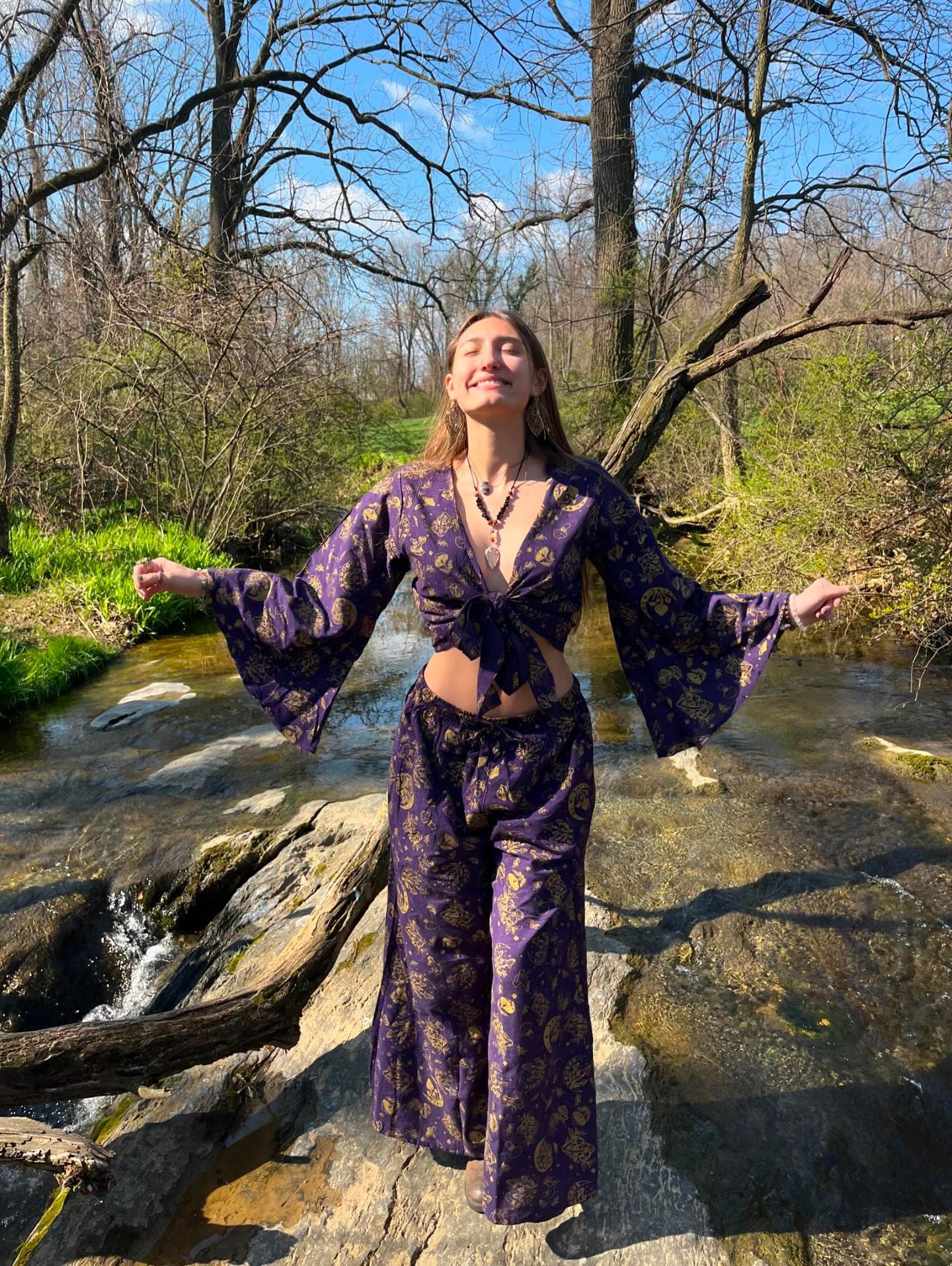 Whimsy Hippy Mushroom Print Whimsy Boho Hippie Two Piece Pant + Tie Top Set ...