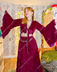 Bohemian Style Flowy Velvet Skirt Set with Ruffle Top