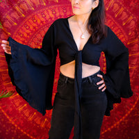 3 Way Flare Sleeve Cotton Wrap Top with Ruffle