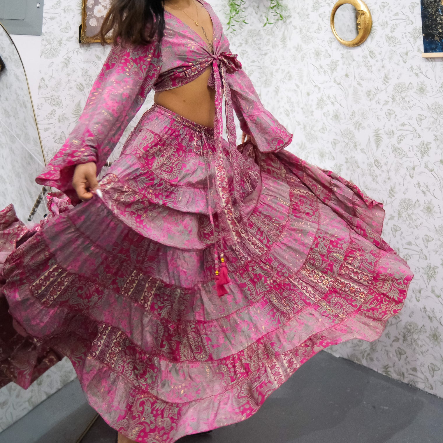 Ethereal Paisley Skirt with Ruffle Sleeve Top