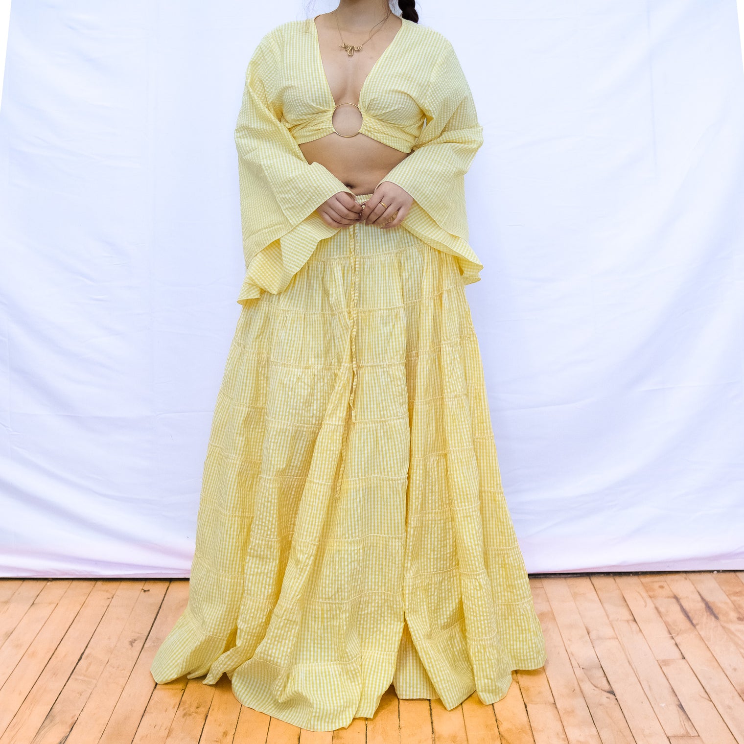 Gingham Long Skirt and Bell Sleeve Top