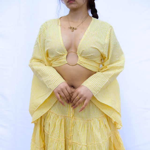 Gingham Cotton Bell Sleeve Wrap Top