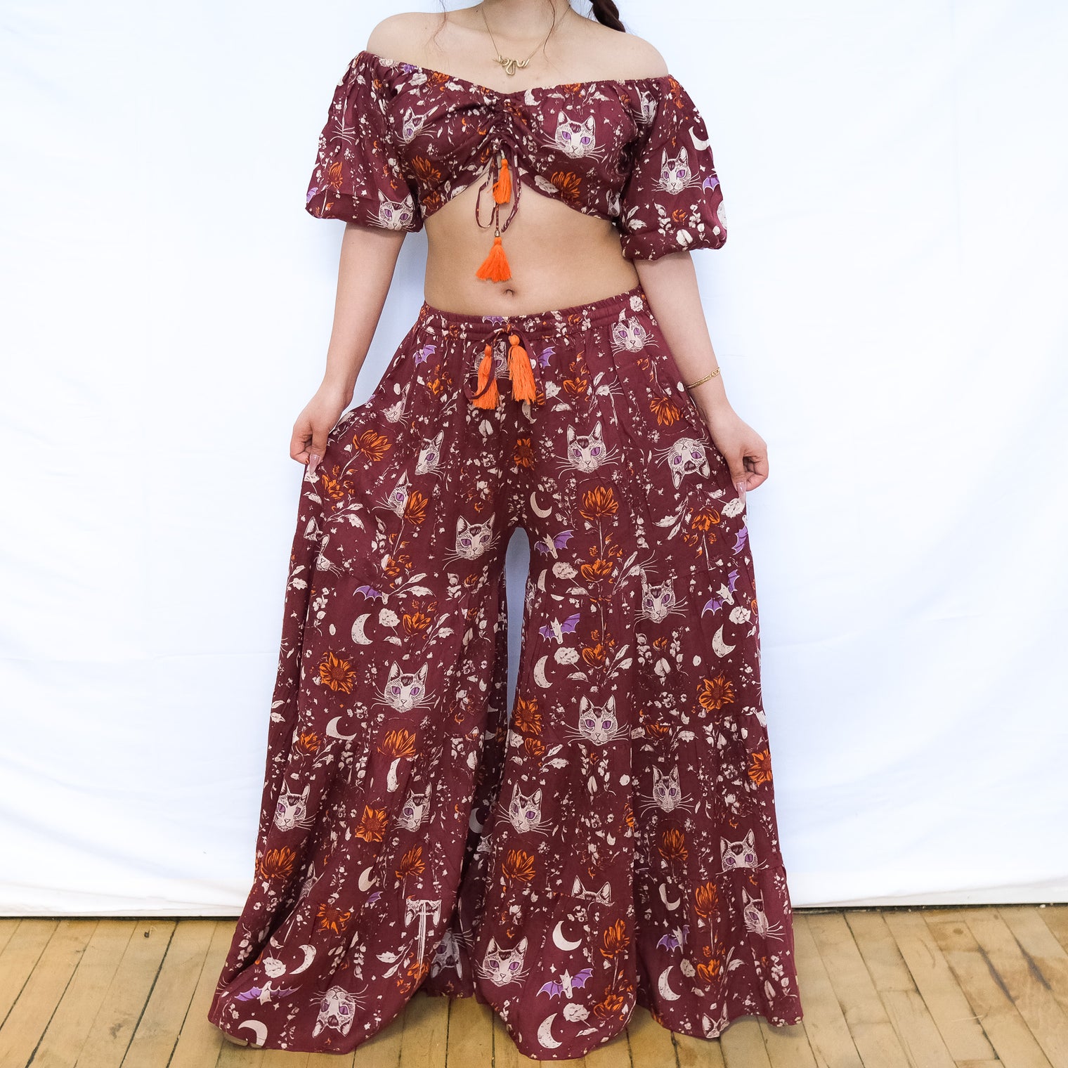 Boho Cat & Moon Two-Piece Flowy Pants and Top Set
